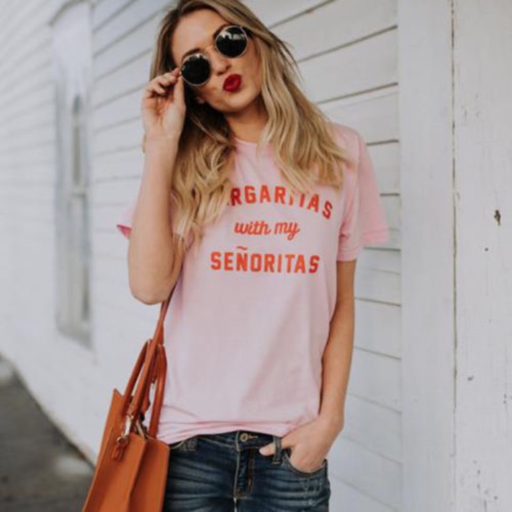 Margaritas Senoritas Pink Graphic Tee Top Shirt - Picture 2 of 7